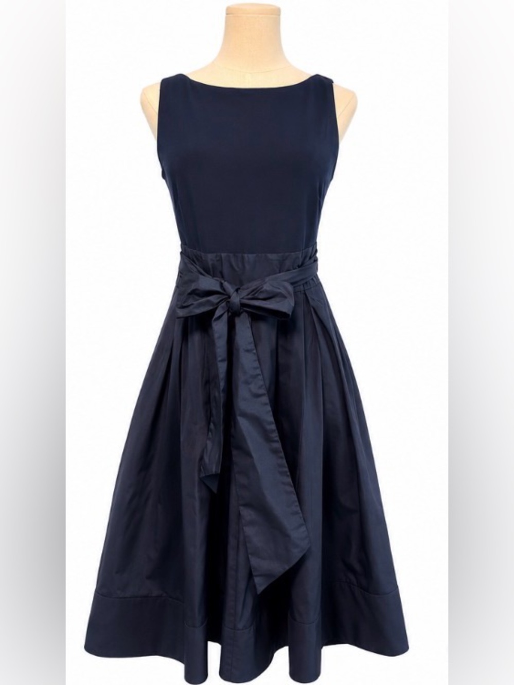 Ralph Lauren Navy Sleeveless Midi Dress with Waist Bow
